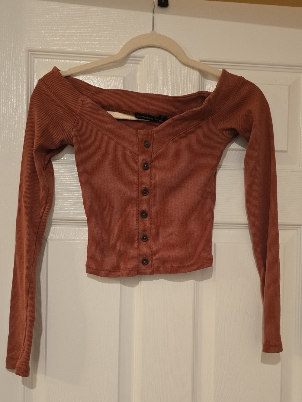 Abercrombie & Fitch Rust Off-Shoulder Ribbed Button-Front Long Sleeve Top